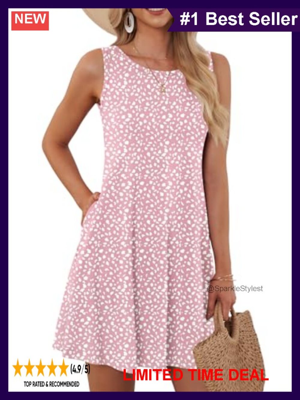 AUSELILY Women's Sleeveless Floral Swing Dress with Pockets Casual Beach